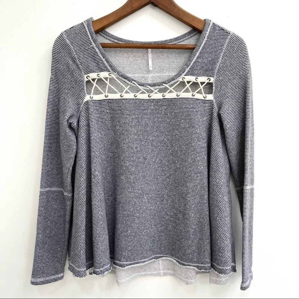 Free People Lacey Love Pullover Top Long Sleeve Blue White Stripe Size XS